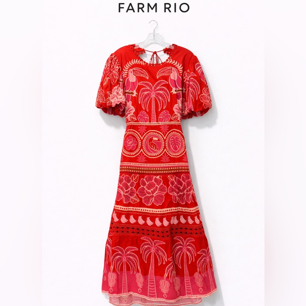 *Like New* FARM Rio Anthro Tropical Open Back Midi Vacation Resort Dress Size L - Picture 3 of 16